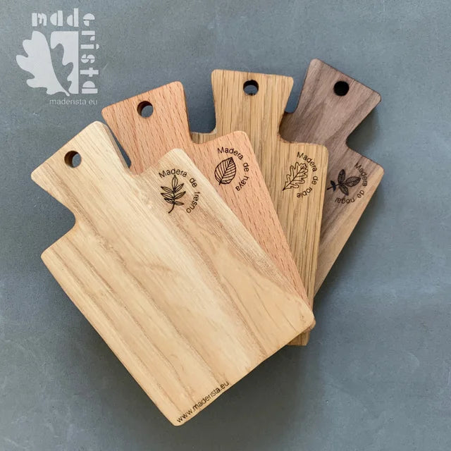 Minitablas /posavasos artesanales de madera de nogal, fresno, roble y haya