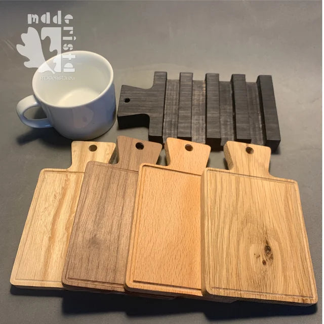 Minitablas /posavasos artesanales de madera de nogal, fresno, roble y haya