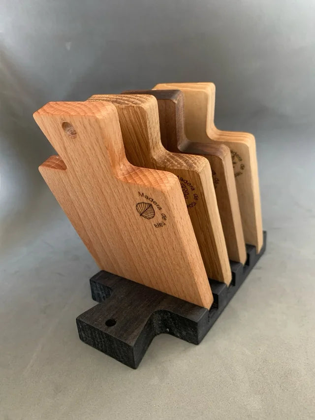 Minitablas /posavasos artesanales de madera de nogal, fresno, roble y haya
