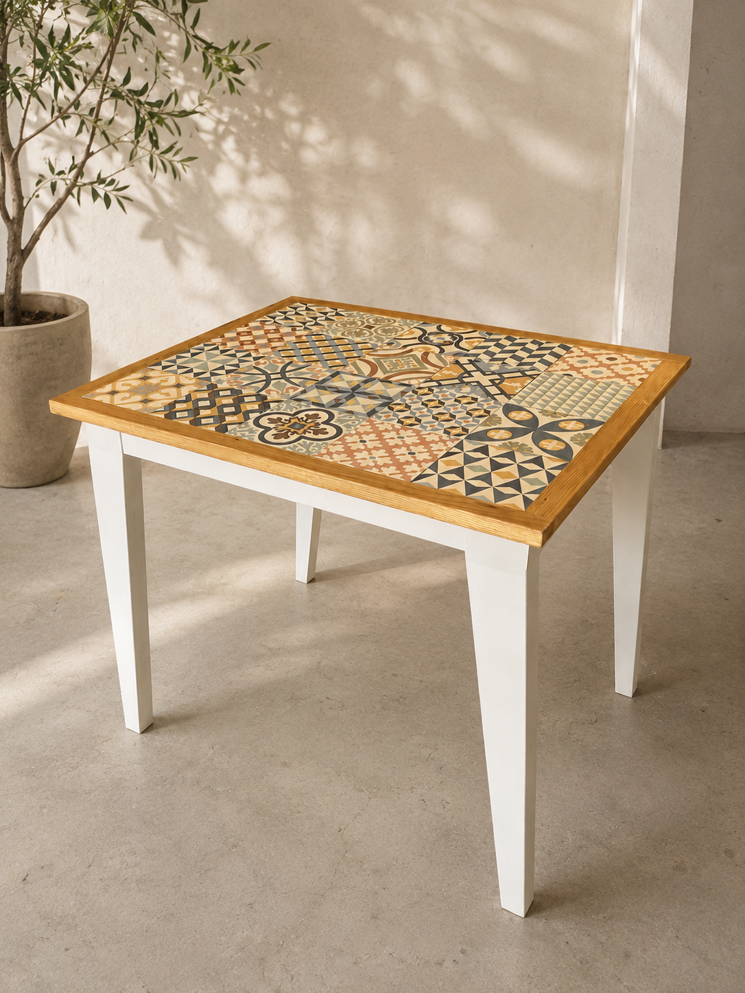 Mesa artesanal de mosaico de azujejo  y roble rojo