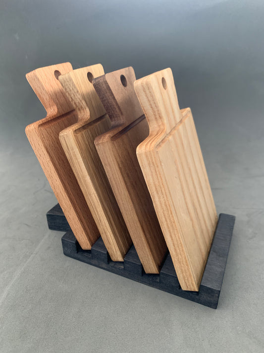 Minitablas /posavasos artesanales de madera de nogal, fresno, roble y haya